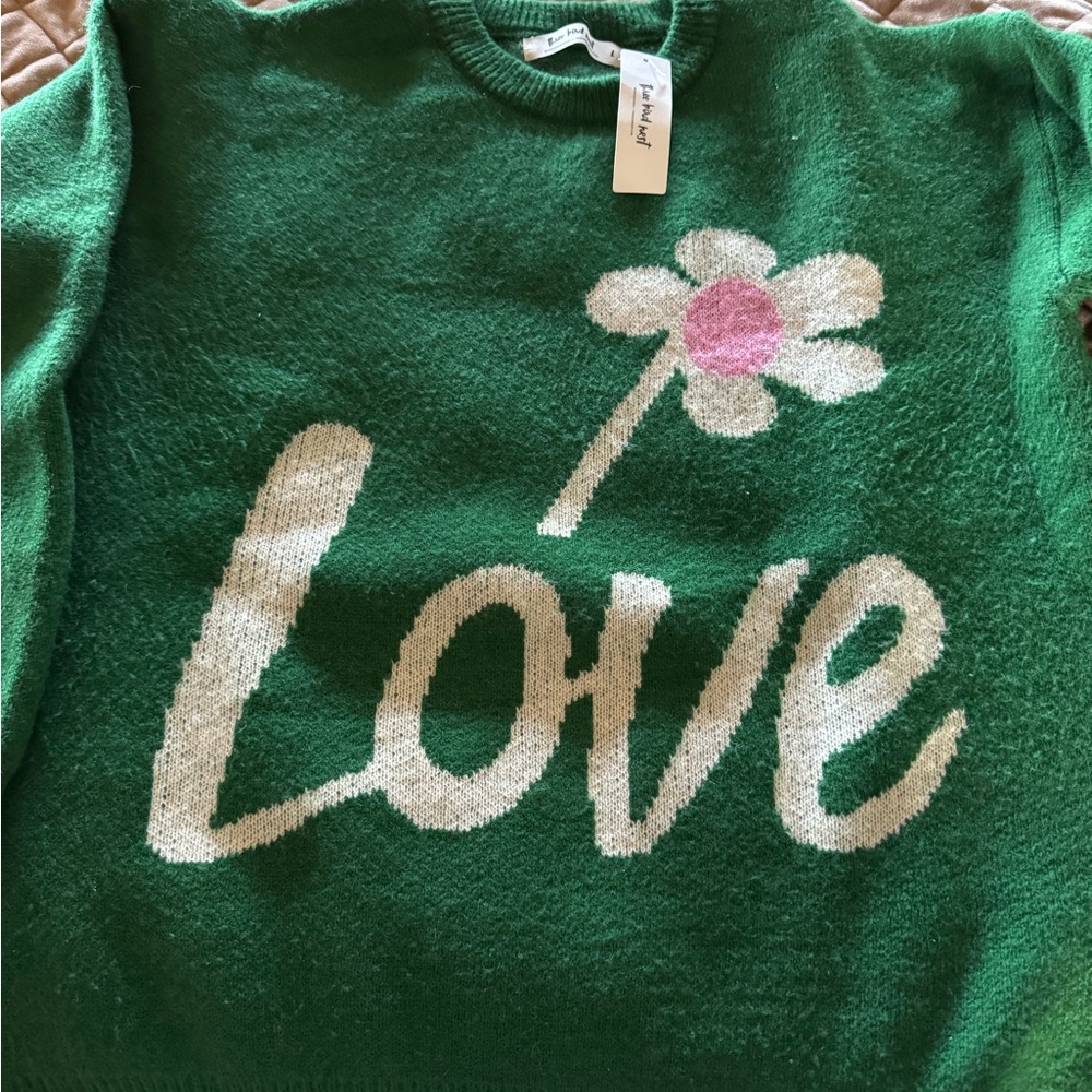 Green Sweater with Love and Flower Design